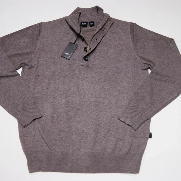 New Hugo Boss Half Zip Buttons Brown Camel Sweater Pullover